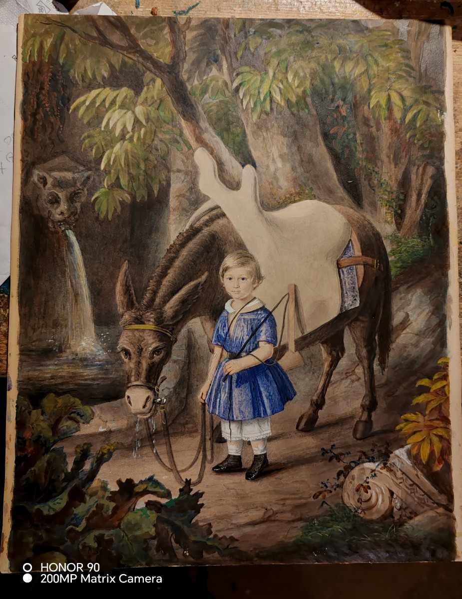 Dessin aquarellé, portrait d'un jeune enfant XIXème