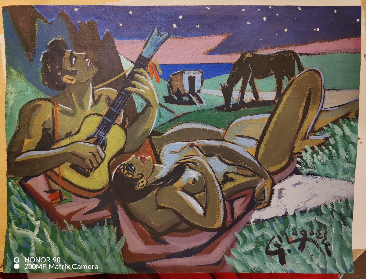 René Gaston Lagorre (1914–2003), Gypsy Scene, Gouache On Paper  