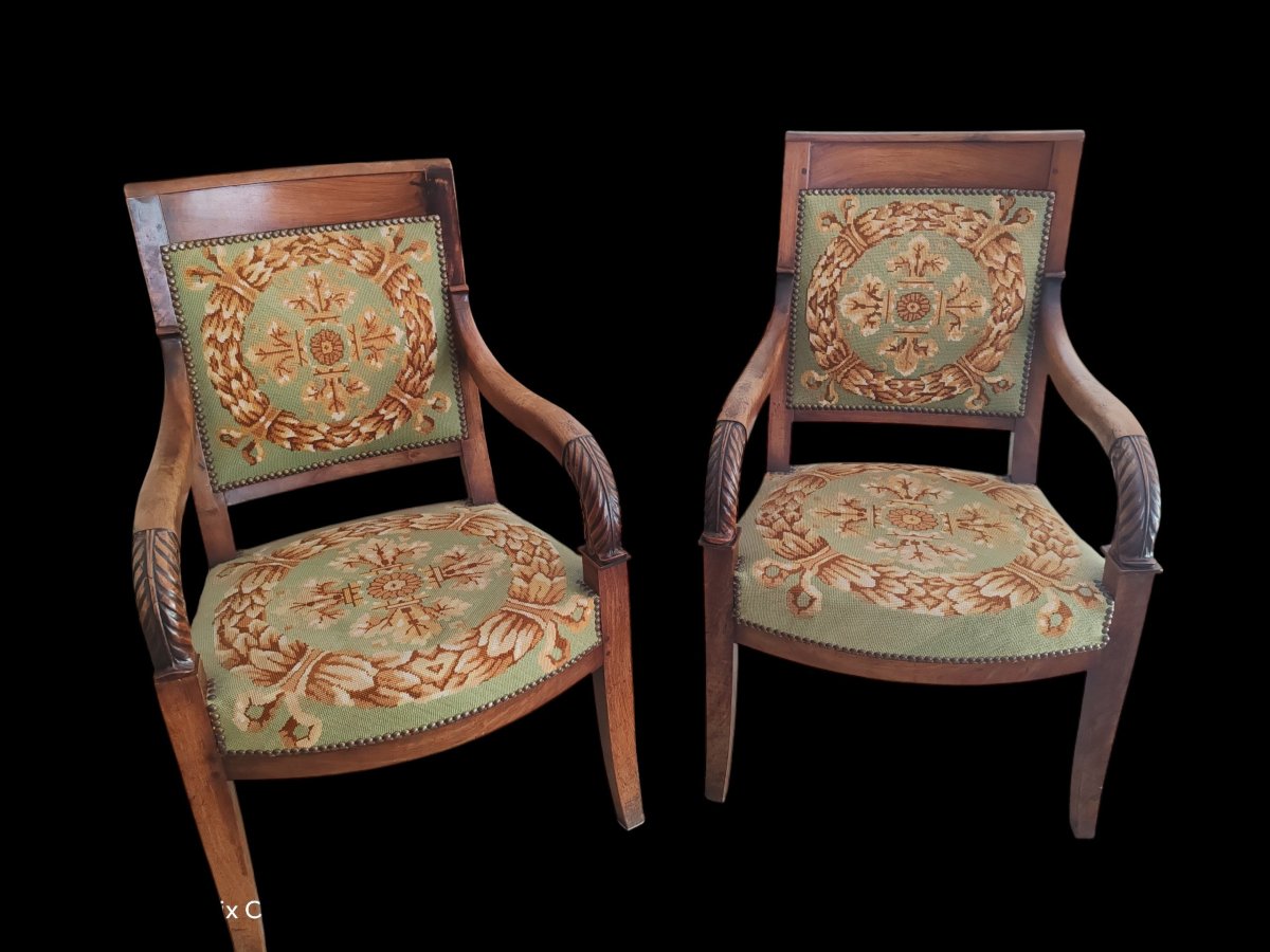 Pair Of Empire-style Mahogany Armchairs, 19th Century 