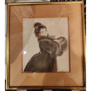  Jean Droit (1884-1961) Portrait de jeune femme, aquarelle 