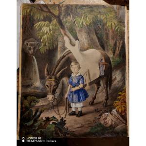 Dessin aquarellé, portrait d'un jeune enfant XIXème