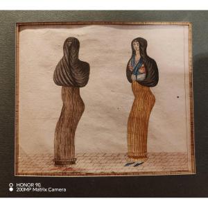 Peruvian Women, Watercolor Drawing, Late 18th Century, In The Style Of Pancho Fierro