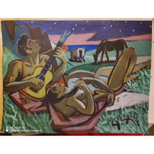 René Gaston Lagorre (1914–2003), Gypsy Scene, Gouache On Paper  