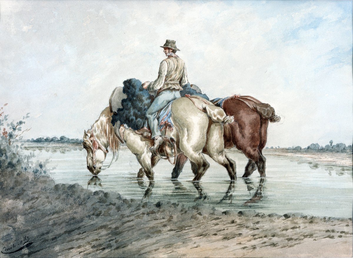 Jolly Emile – Homme Conduisant 2 Chevaux Dans L’eau – Aquarelle – Circa 1880 - Signé  