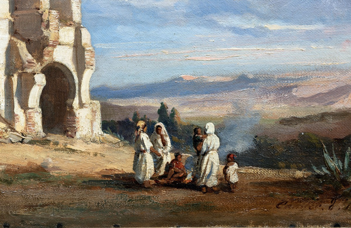 Auguste Delacroix – Tanger, Animation Devant La Casbah – Huile Sur Toile – Signé Et Daté-photo-3