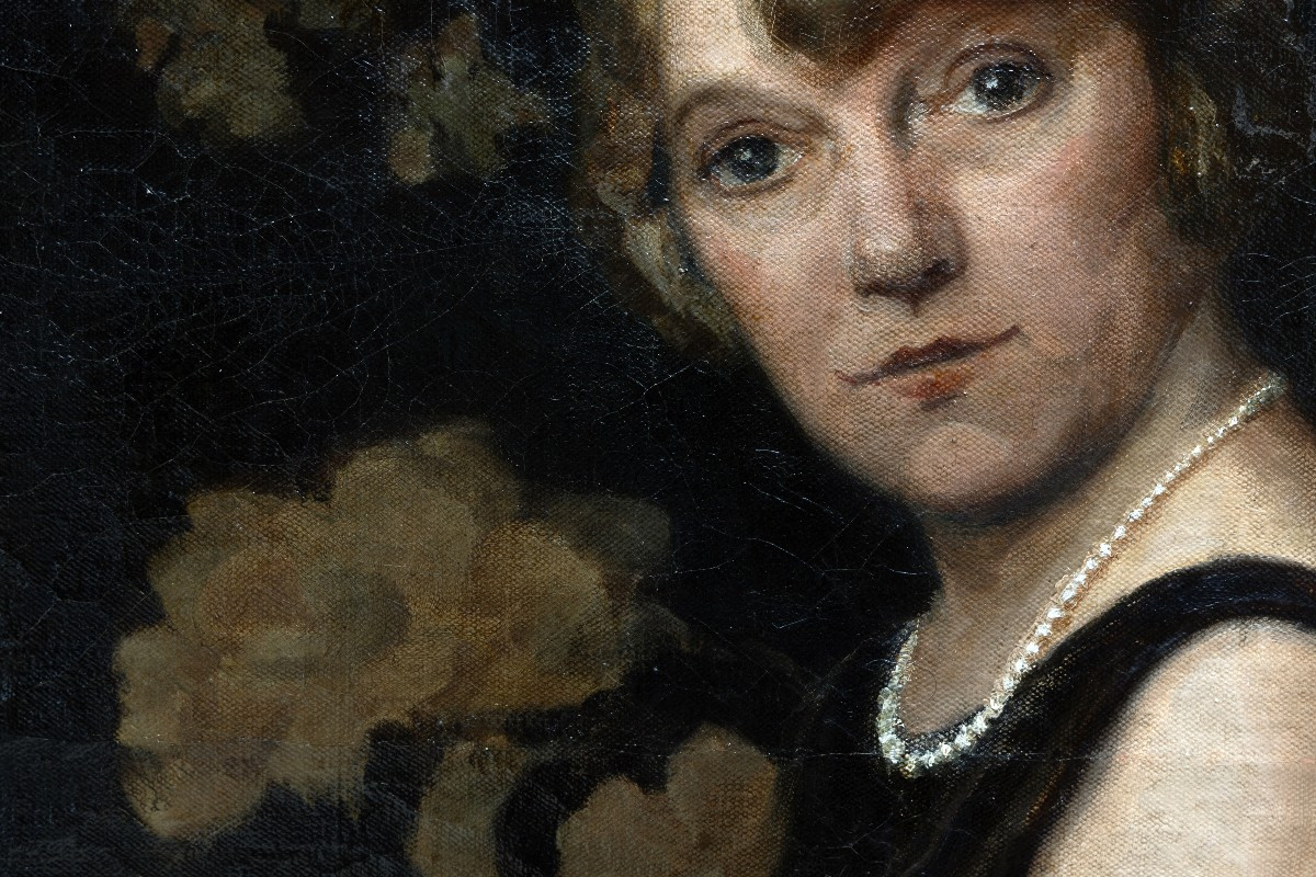 Huguette Carron – Femme Au Collier De Perles – Huile Sur Toile -photo-1