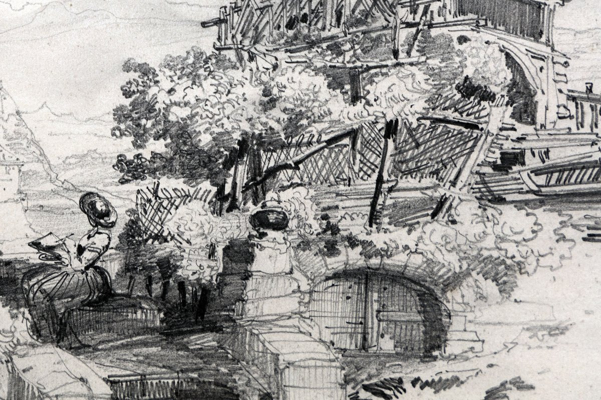 Noel Jules – Jeune Femme Dessinant – Dessin à La Mine De Plomb – Circa 1848-photo-2