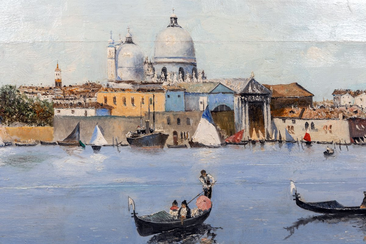Venice, Grand Canal And Church Of La Salute – Oil On Panel – Late 19th Century – Signed-photo-1