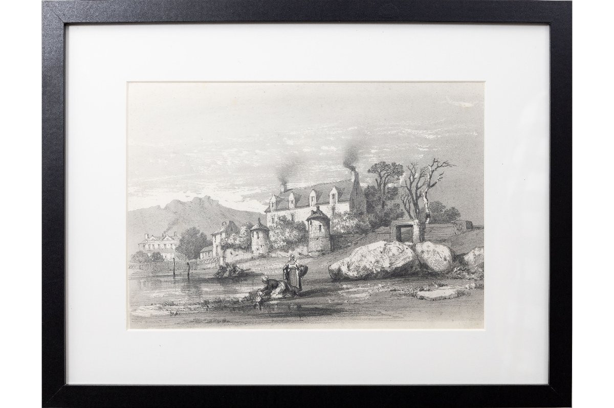 Noel Jules – Scène Animée : Lavandières Devant Un Manoir – Dessin Mine De Plomb - Vers 1847-photo-2