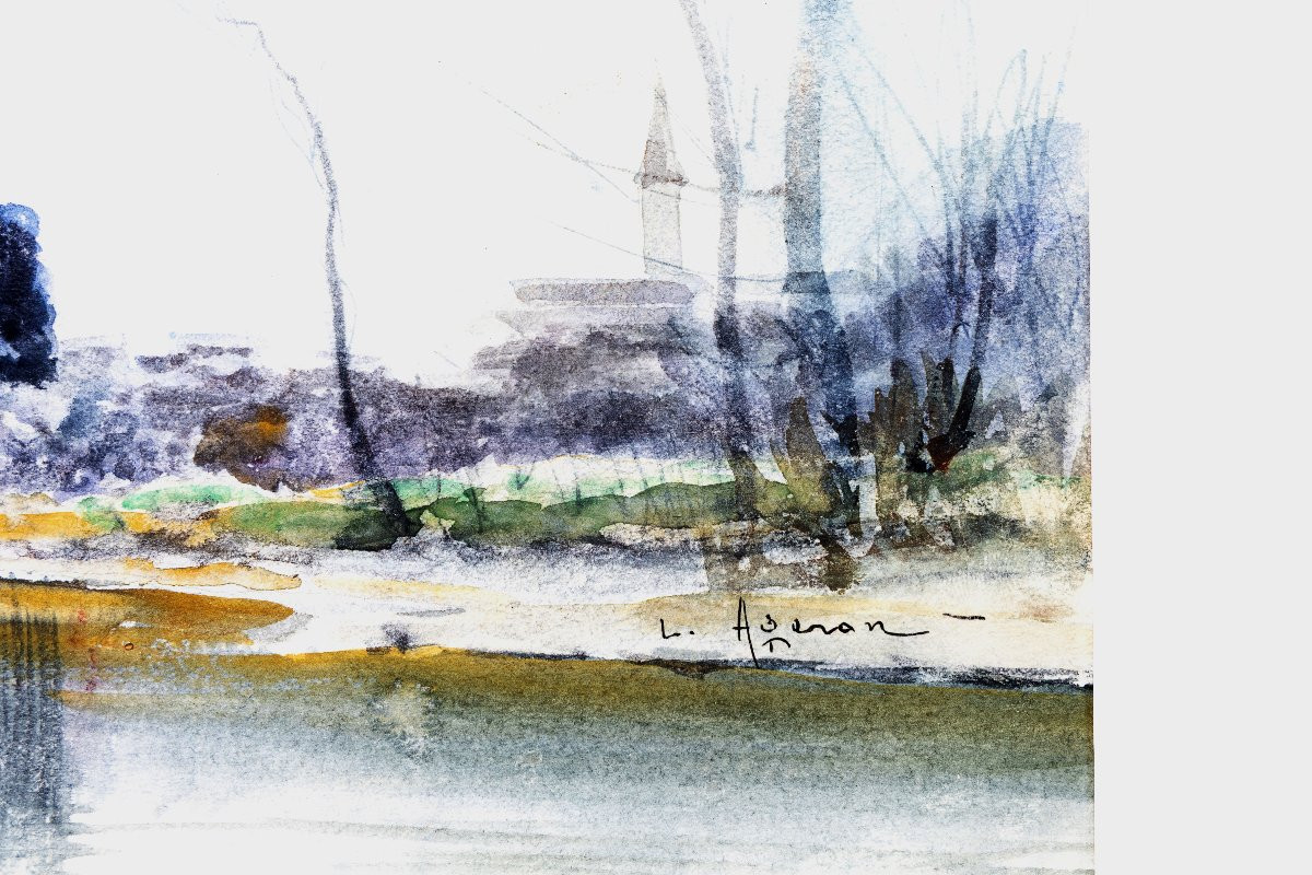 Louis Ageron – Château Se Reflétant Dans Un Lac - Aquarelle - Signée-photo-3