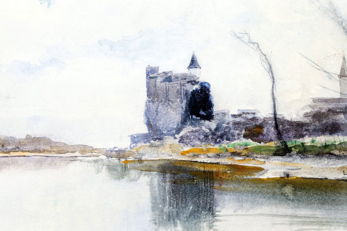 Louis Ageron – Château Se Reflétant Dans Un Lac - Aquarelle - Signée-photo-1