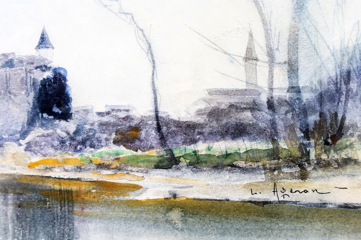 Louis Ageron – Château Se Reflétant Dans Un Lac - Aquarelle - Signée-photo-2