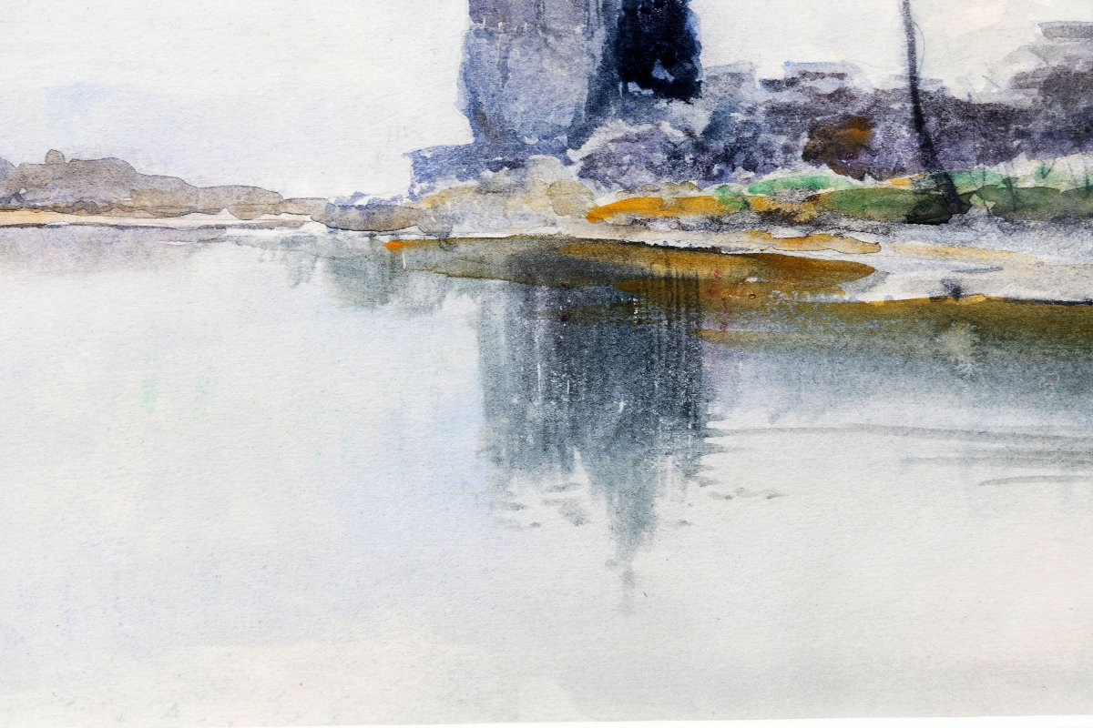 Louis Ageron – Château Se Reflétant Dans Un Lac - Aquarelle - Signée-photo-3
