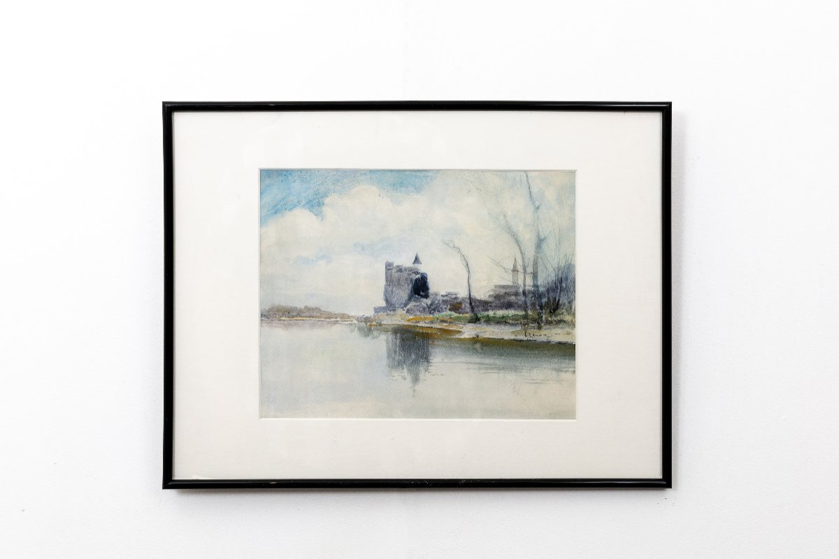 Louis Ageron – Château Se Reflétant Dans Un Lac - Aquarelle - Signée-photo-4