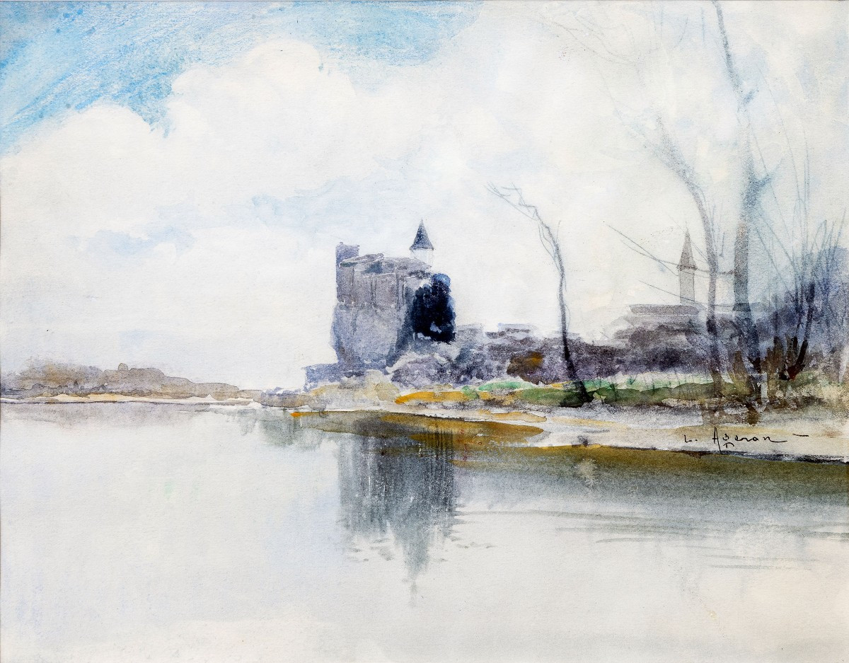 Louis Ageron – Château Se Reflétant Dans Un Lac - Aquarelle - Signée