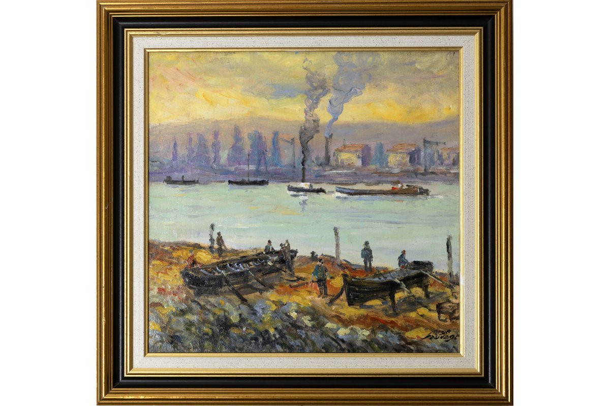 Serge Sauvage – Le port au soleil couchant – Huile sur panneau – Signé-photo-2