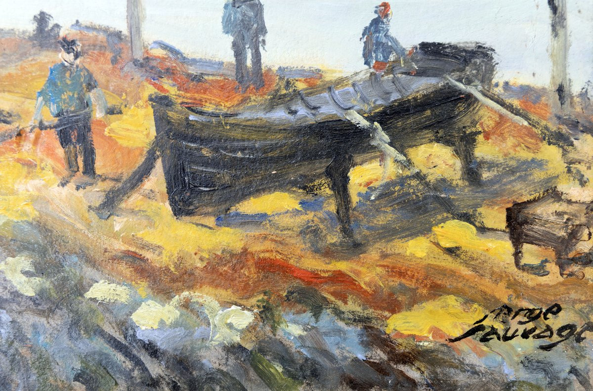 Serge Sauvage – Le port au soleil couchant – Huile sur panneau – Signé-photo-3