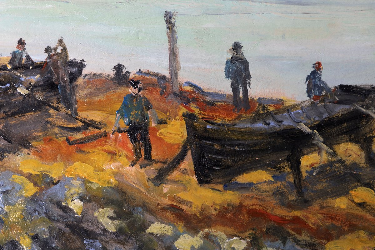 Serge Sauvage – Le port au soleil couchant – Huile sur panneau – Signé-photo-2