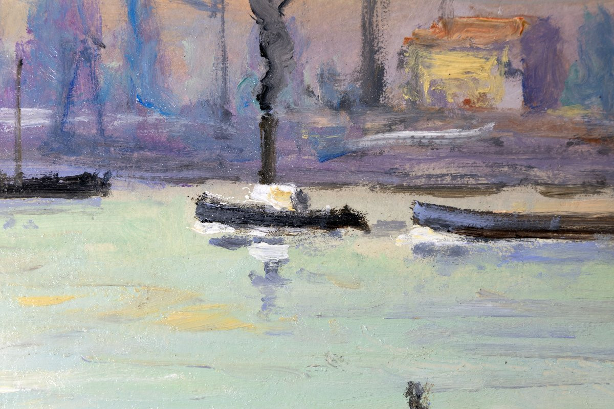 Serge Sauvage – Le port au soleil couchant – Huile sur panneau – Signé-photo-3