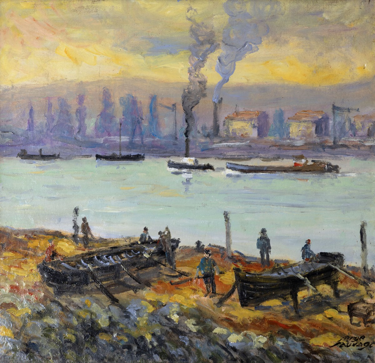 Serge Sauvage – Le port au soleil couchant – Huile sur panneau – Signé