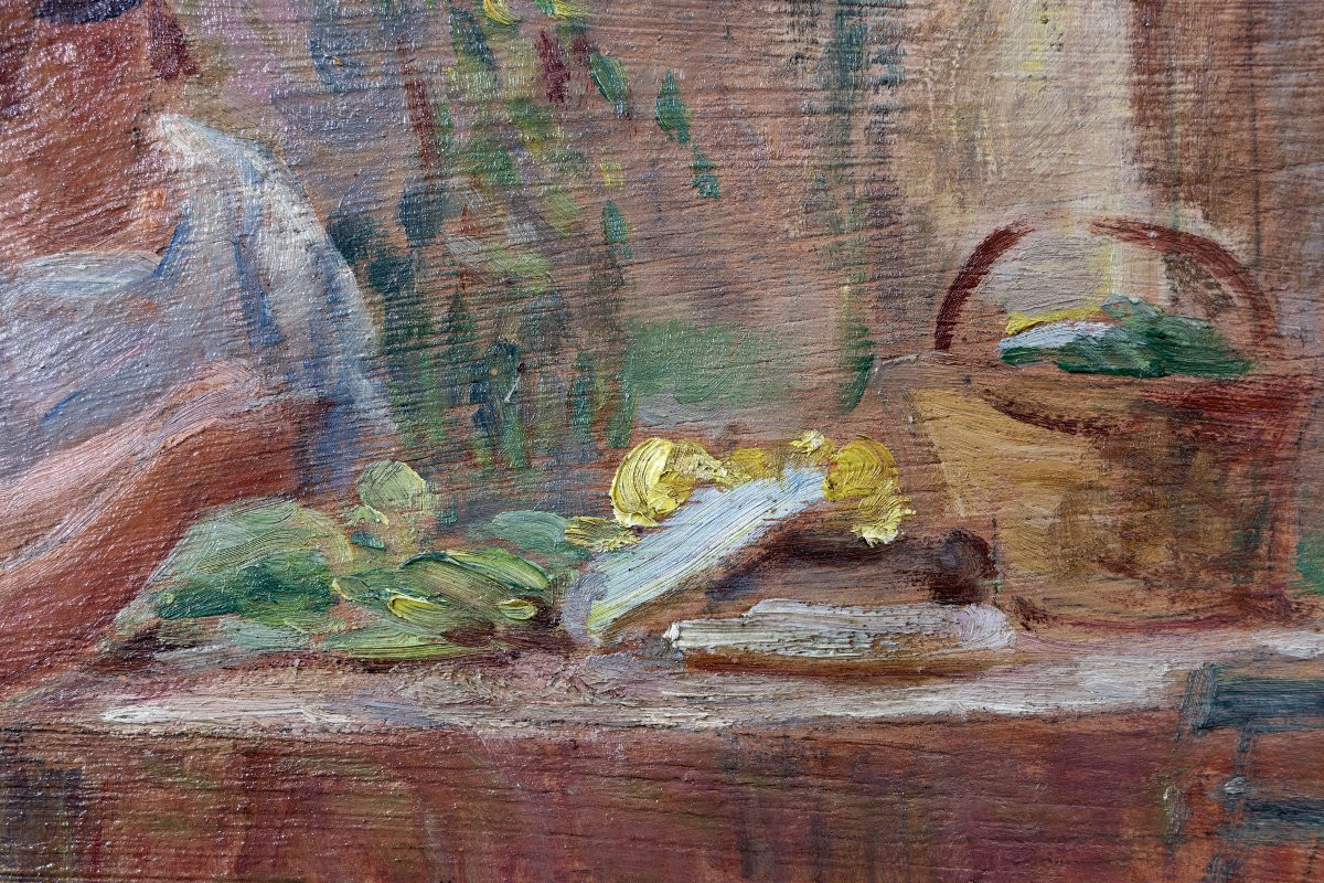 Deux femmes épluchant des légumes au jardin – Vers 1930 – Huile sur carton-photo-3