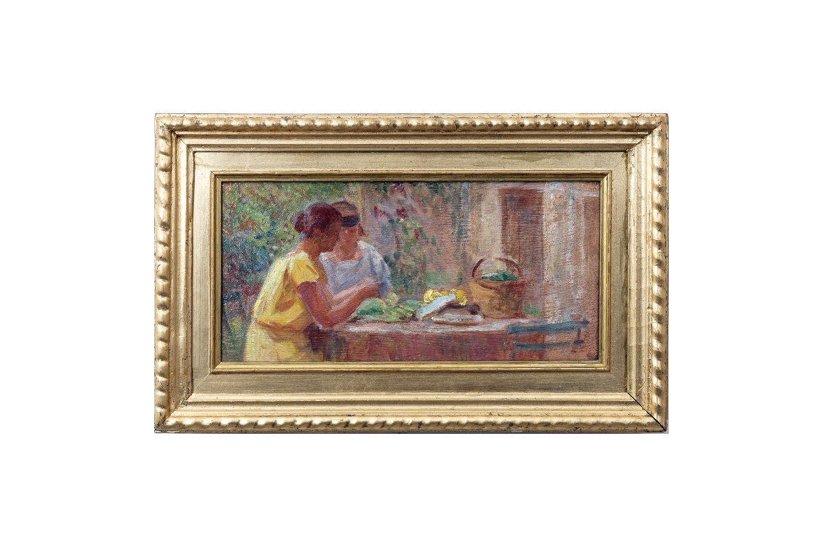 Deux femmes épluchant des légumes au jardin – Vers 1930 – Huile sur carton-photo-4