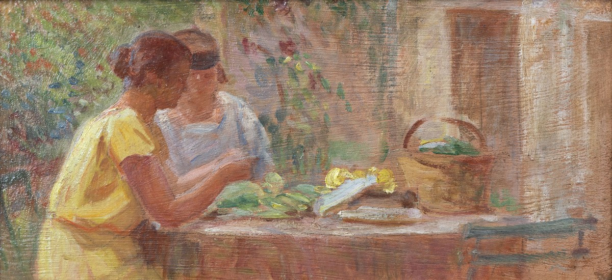 Deux femmes épluchant des légumes au jardin – Vers 1930 – Huile sur carton