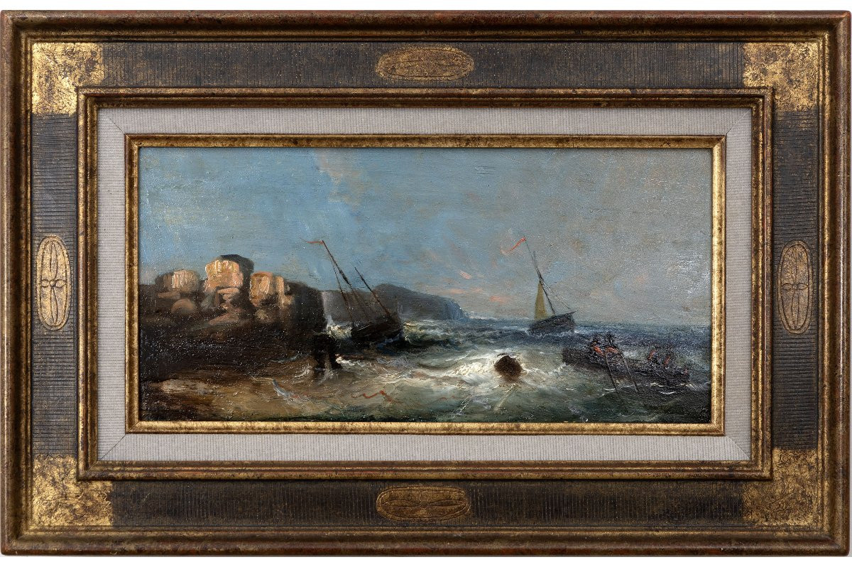 Marine - Ecole du XIXe – Tempête sur la côte – Huile sur panneau -photo-2