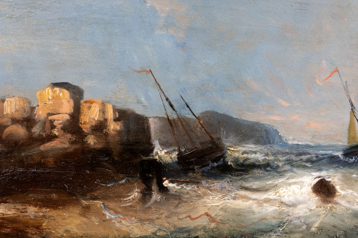 Marine - Ecole du XIXe – Tempête sur la côte – Huile sur panneau -photo-1