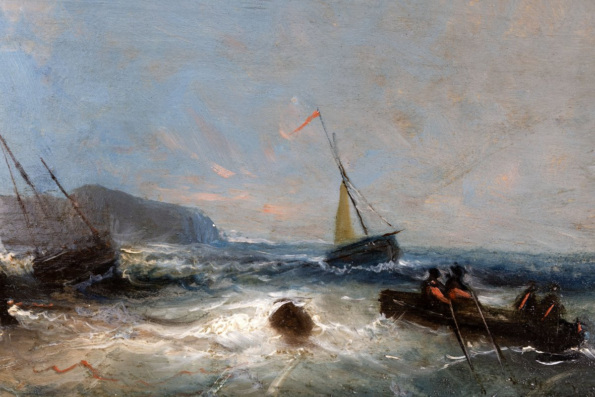 Marine - Ecole du XIXe – Tempête sur la côte – Huile sur panneau -photo-2