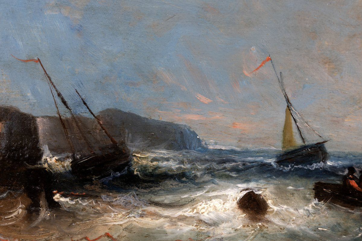 Marine - Ecole du XIXe – Tempête sur la côte – Huile sur panneau -photo-3