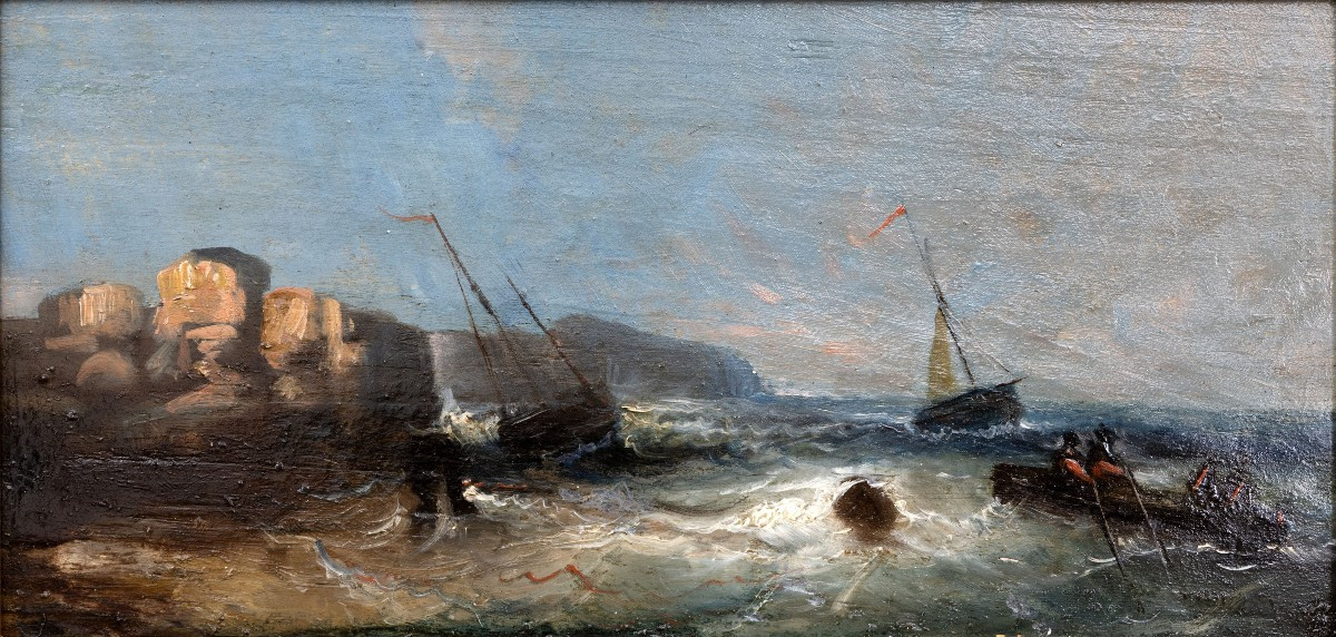 Marine - Ecole du XIXe – Tempête sur la côte – Huile sur panneau 