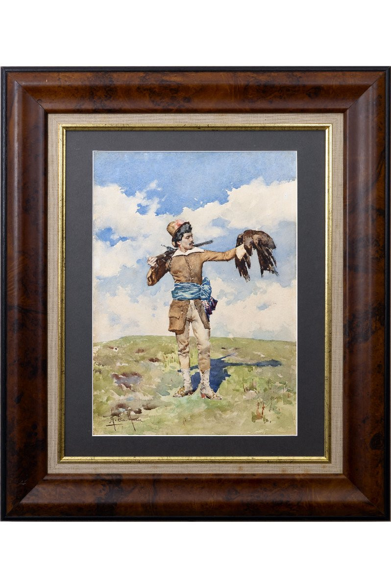 Alberto La Monaca – Falconer – Watercolor – 19th Century - Signed-photo-2