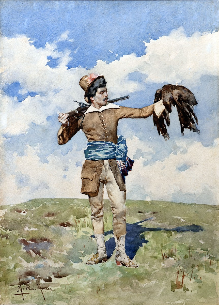 Alberto La Monaca – Falconer – Watercolor – 19th Century - Signed