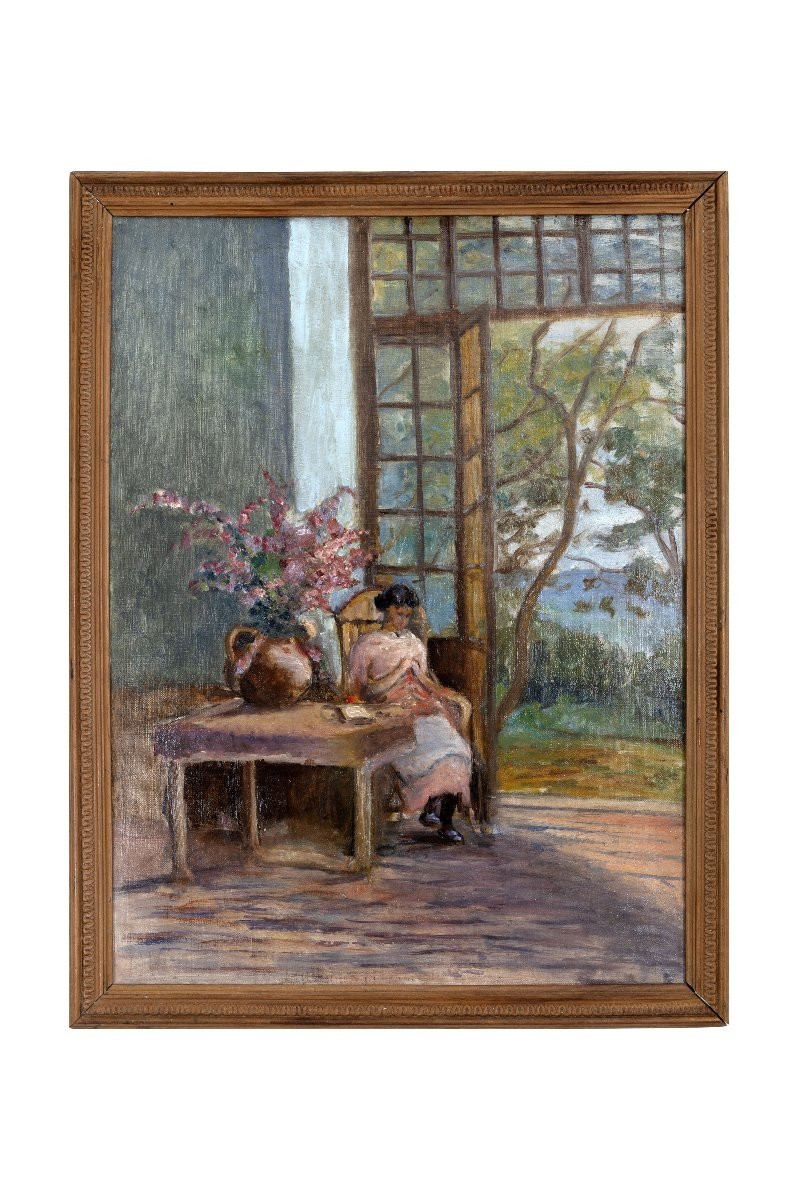Ecole française - Femme à sa couture avec vue sur mer – Huile sur toile – vers 1930-photo-4
