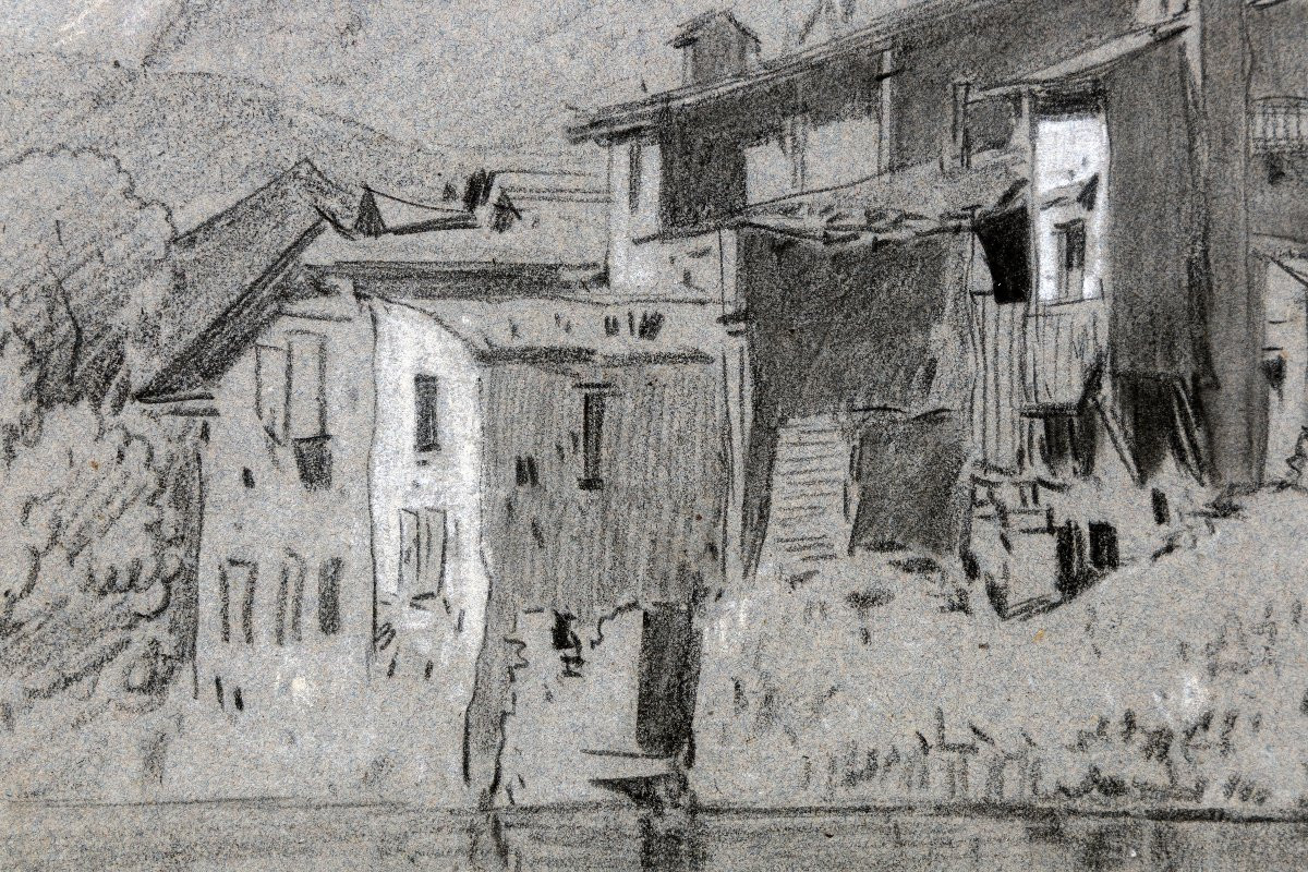 CICERI Eugène – Pyrénées – Maisons au bord de la rivière – Crayon - XIXe-photo-1