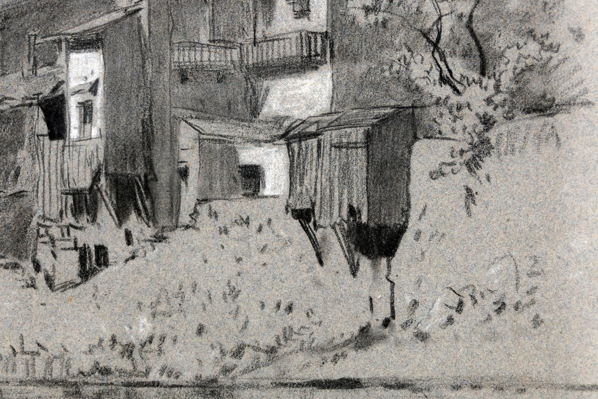 CICERI Eugène – Pyrénées – Maisons au bord de la rivière – Crayon - XIXe-photo-2