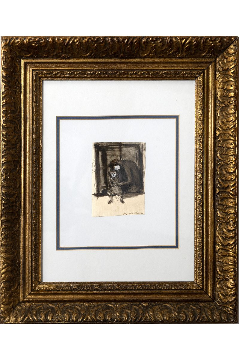 Charles ROLLIER – Mère et petite fille -  Lavis d’encre - Signé-photo-2