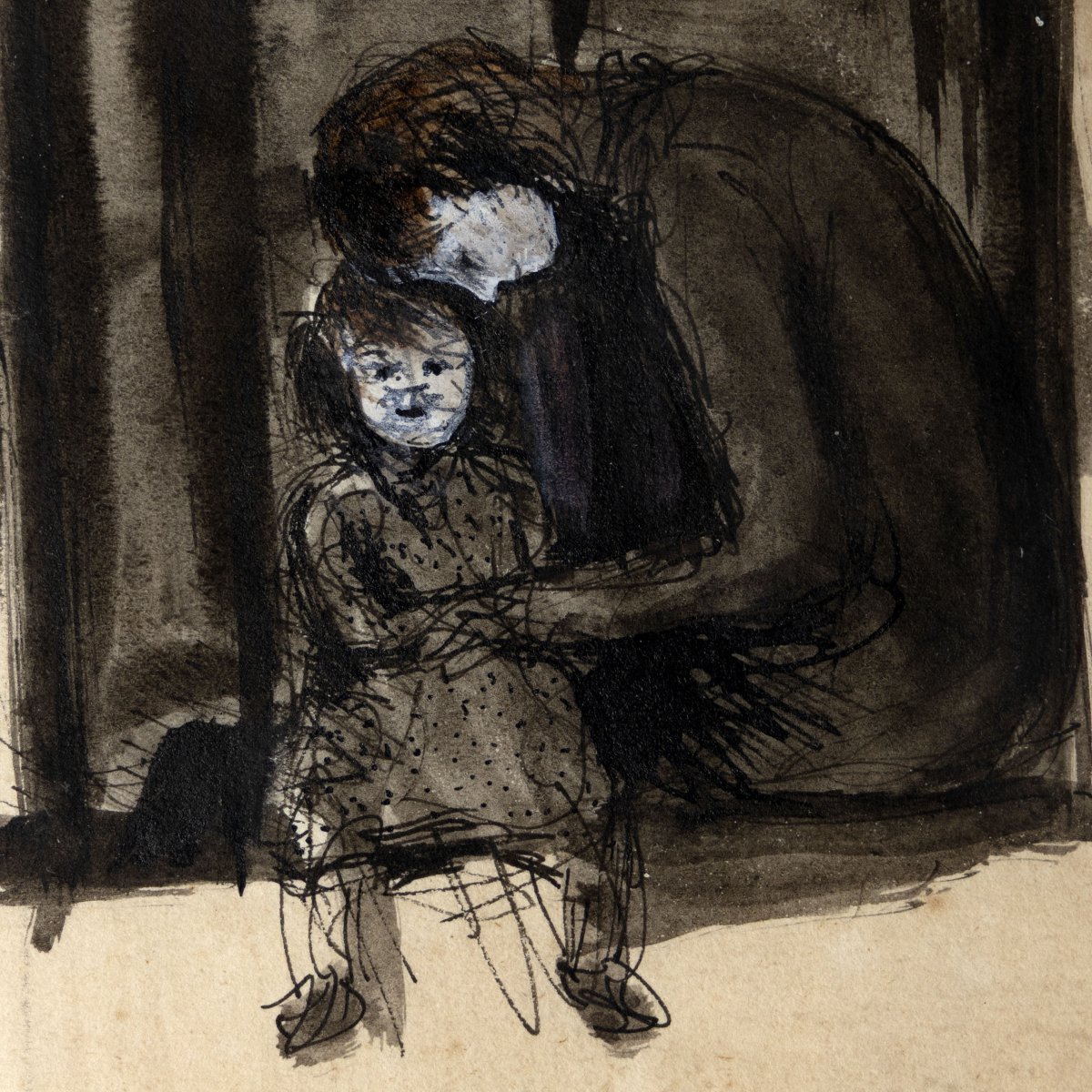 Charles ROLLIER – Mère et petite fille -  Lavis d’encre - Signé-photo-1
