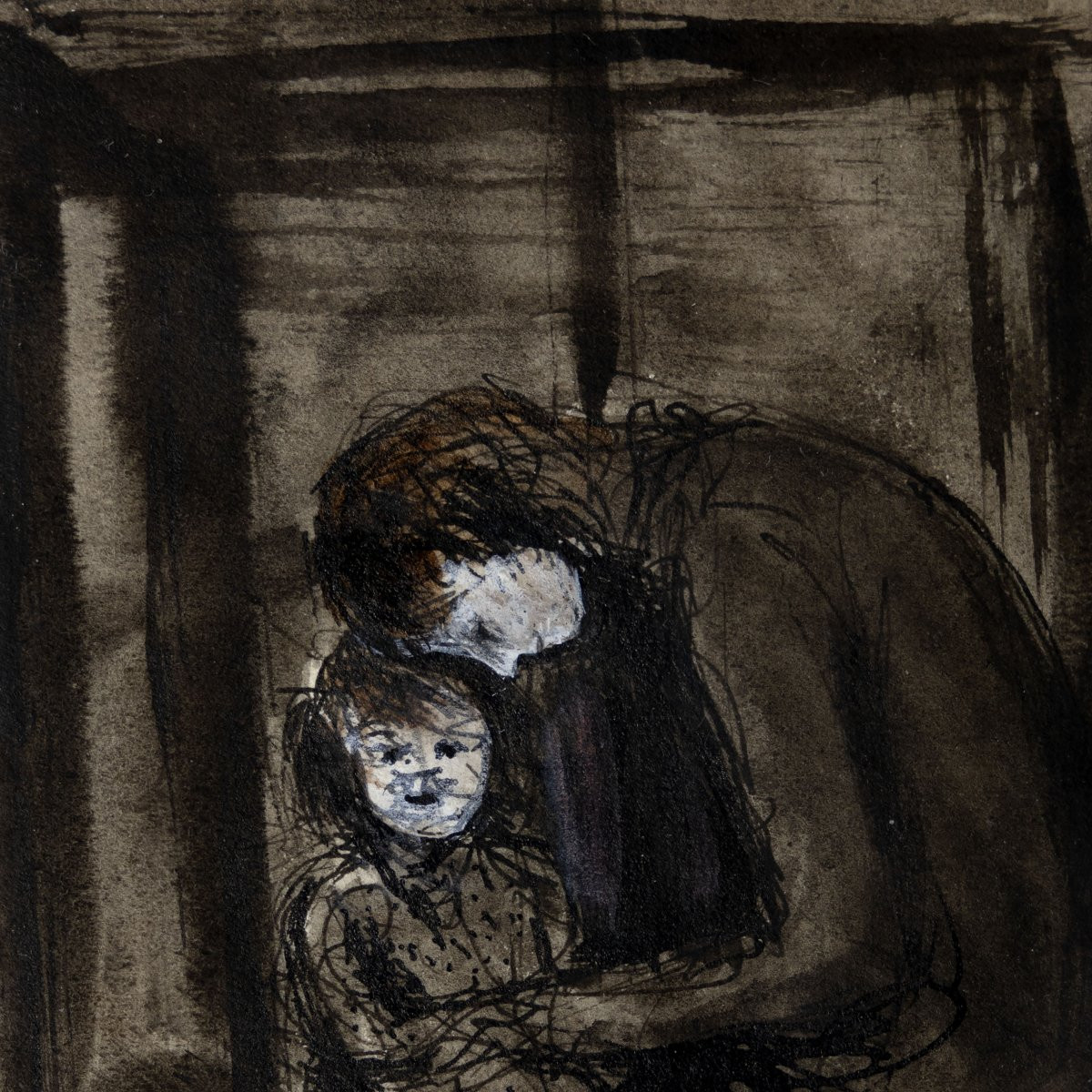 Charles ROLLIER – Mère et petite fille -  Lavis d’encre - Signé-photo-2