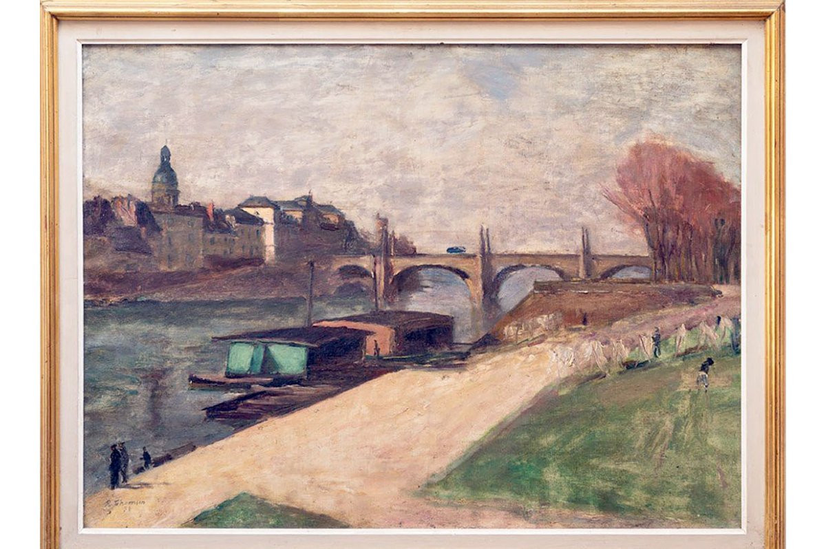 Ecole de Paris – René Thomsen - Paysage Avec Rivière Et Bateaux Lavoirs – Signé, daté-photo-2