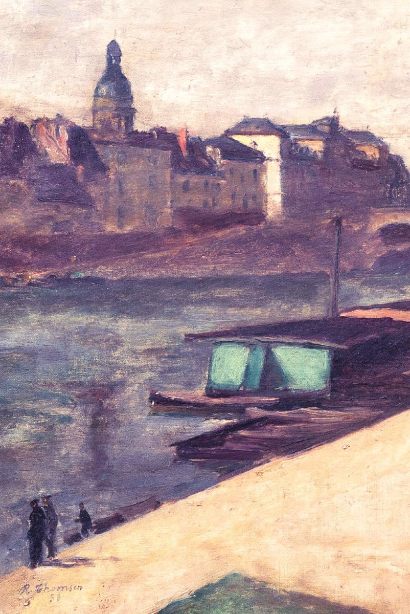 Ecole de Paris – René Thomsen - Paysage Avec Rivière Et Bateaux Lavoirs – Signé, daté-photo-1