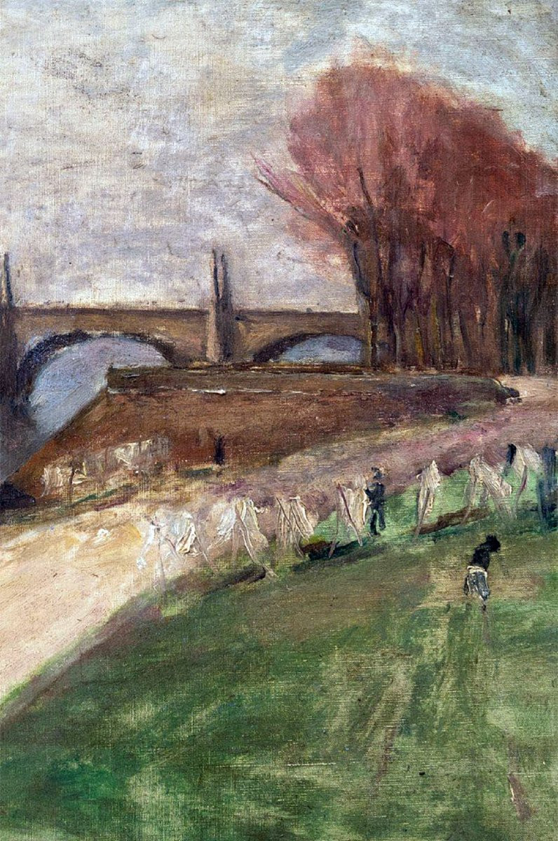 Ecole de Paris – René Thomsen - Paysage Avec Rivière Et Bateaux Lavoirs – Signé, daté-photo-3