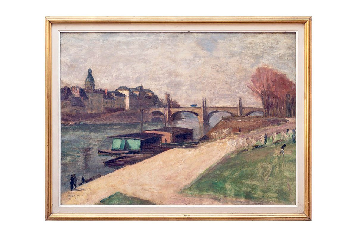 Ecole de Paris – René Thomsen - Paysage Avec Rivière Et Bateaux Lavoirs – Signé, daté-photo-4