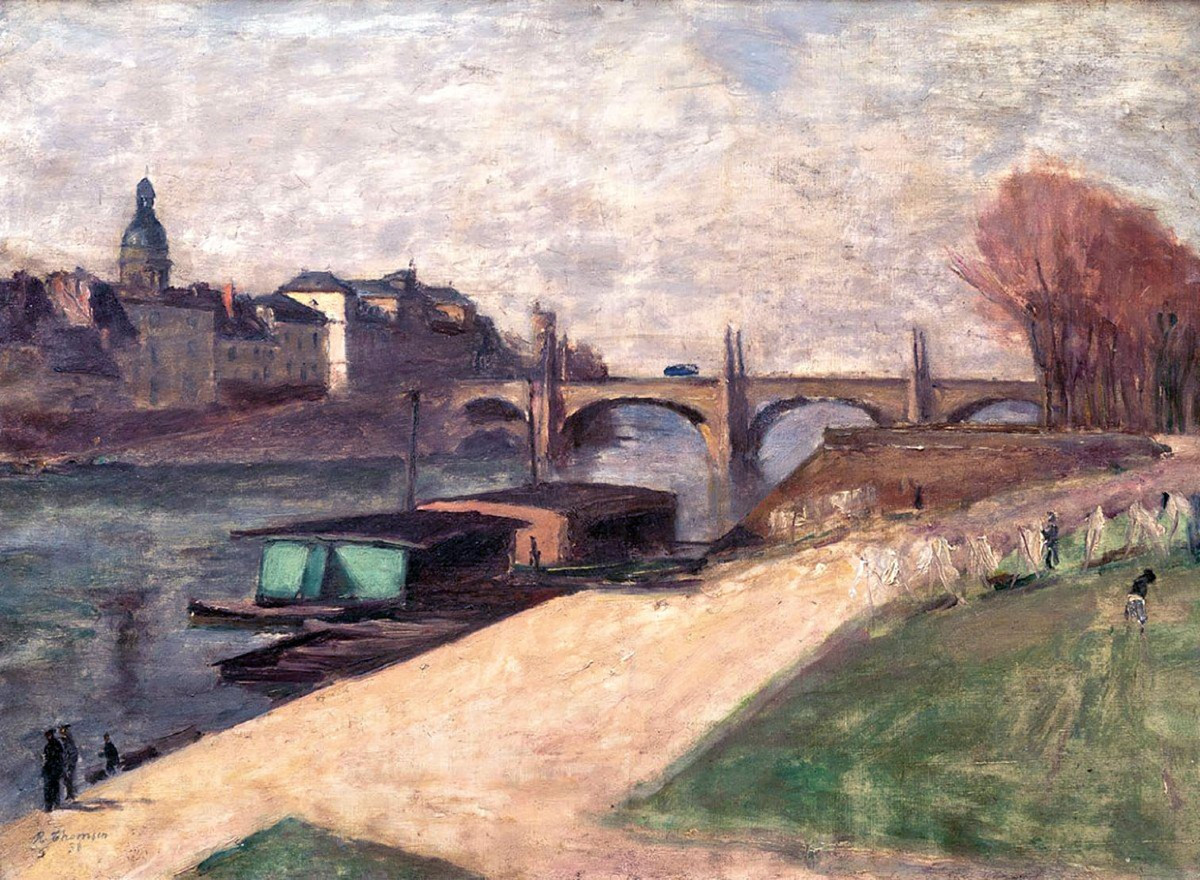 Ecole de Paris – René Thomsen - Paysage Avec Rivière Et Bateaux Lavoirs – Signé, daté