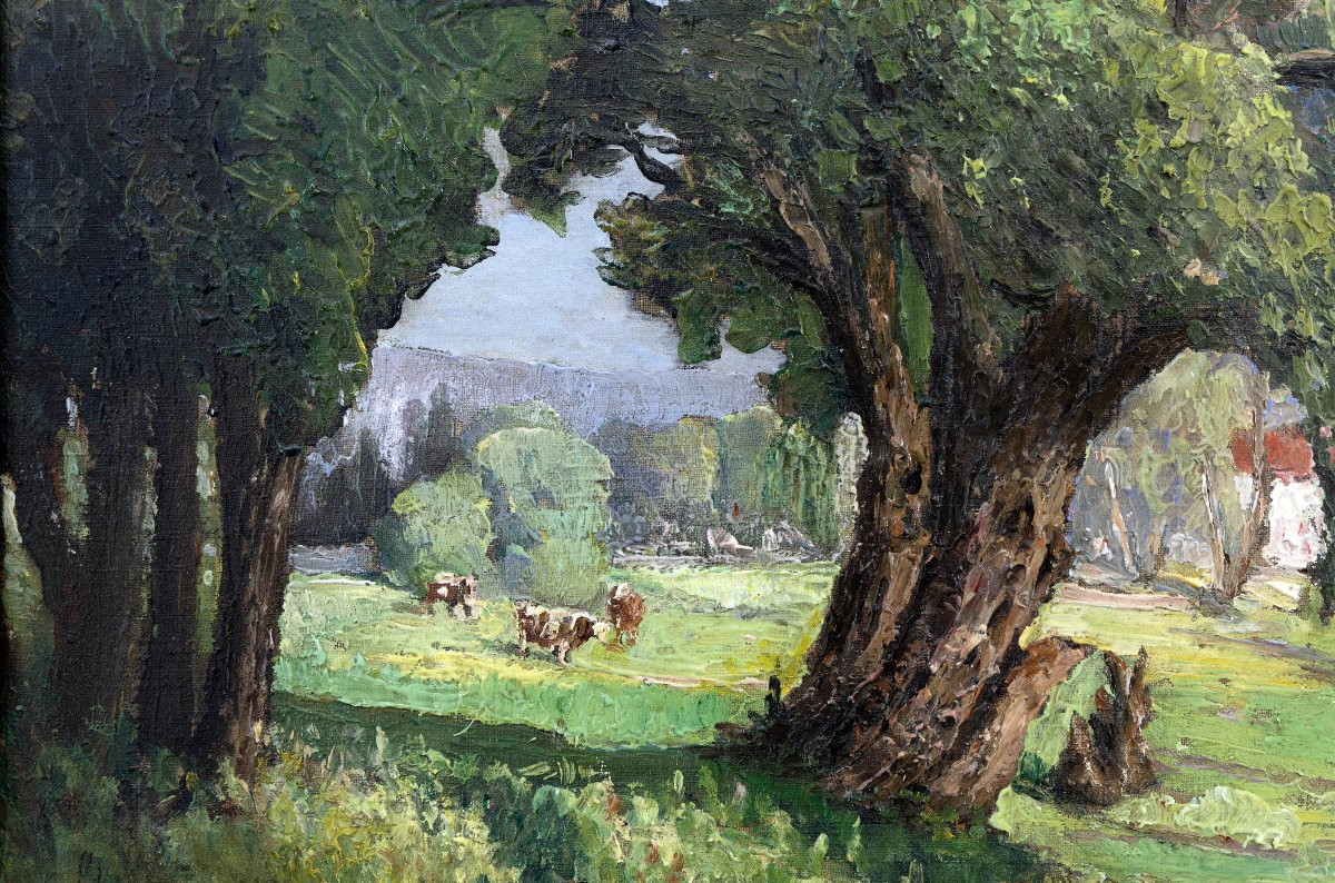 Louis Emile Charpenne – Animated Scene: The Banks Of The Rhône – Oil On Canvas – Signed -photo-1