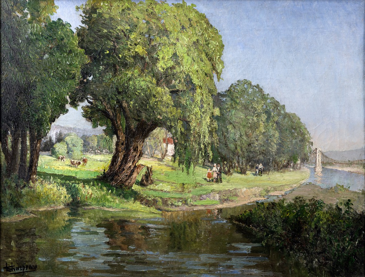 Louis Emile Charpenne – Animated Scene: The Banks Of The Rhône – Oil On Canvas – Signed 