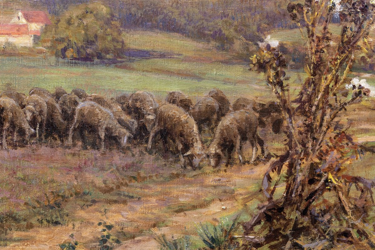 Théophile Louis Deyrolle – Shepherd And His Flock On The Moor – Oil On Canvas - Signed-photo-1