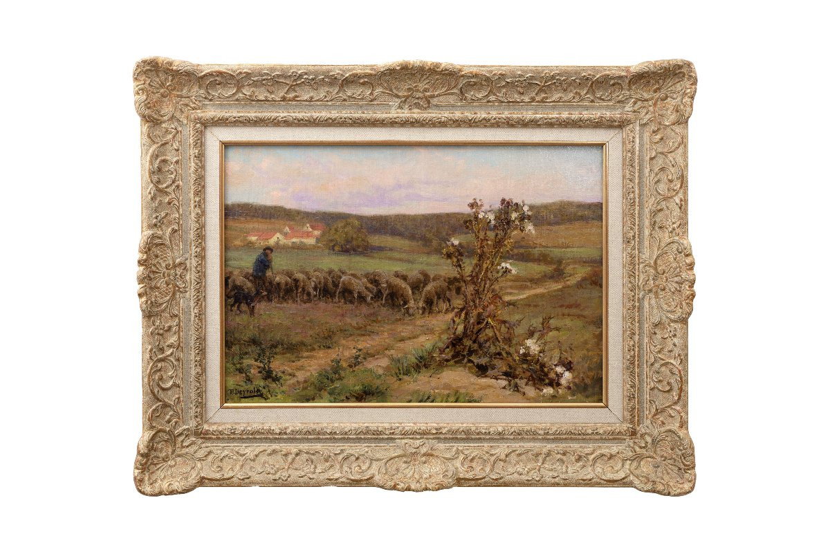 Théophile Louis Deyrolle – Shepherd And His Flock On The Moor – Oil On Canvas - Signed-photo-6