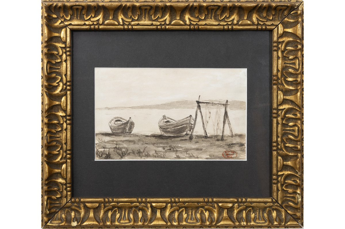 Félix Ziem – Boats And Net On The Shore – Ink Wash – Studio Stamp-photo-2